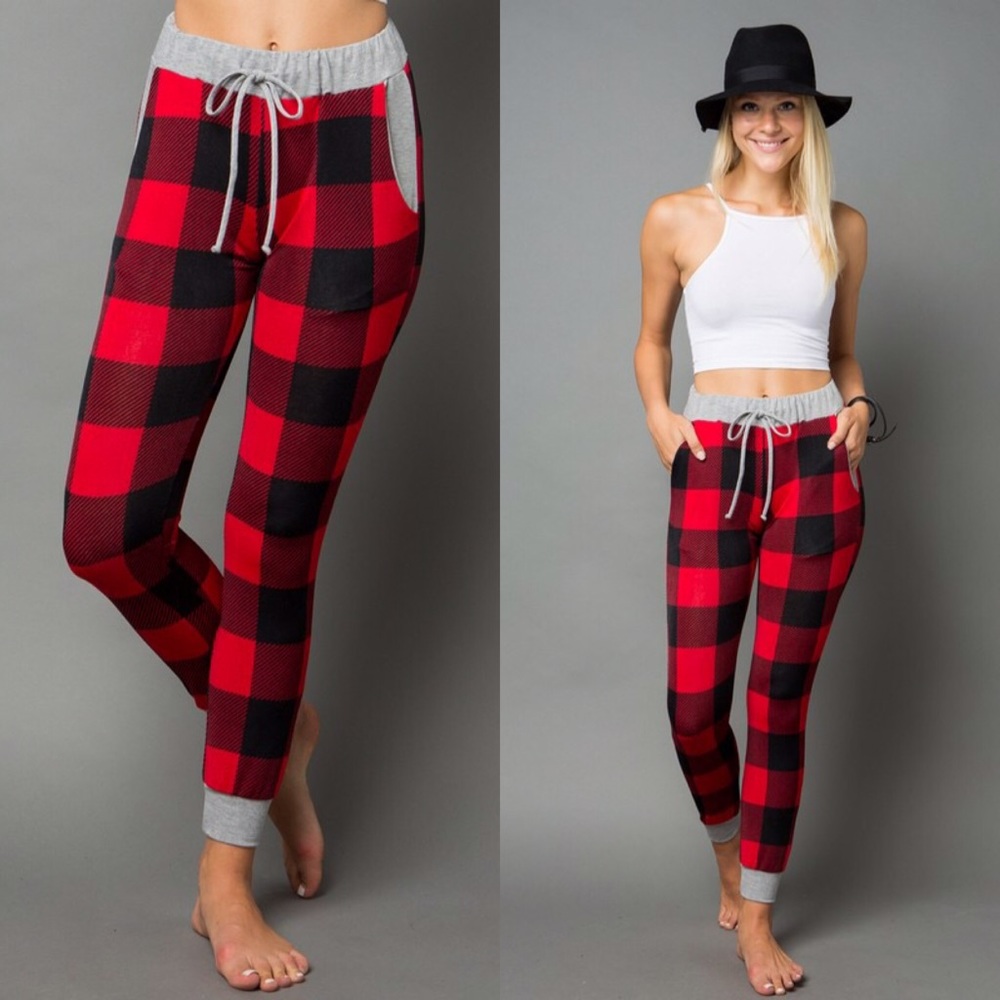 plaid print joggers jogging pants pockets red - Picture 3 of 6